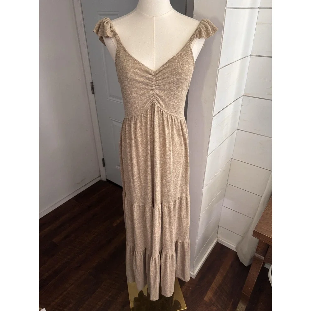 Free People Langley Maxi Dress Womens Small Beige FP Beach Ruffle Tie Back Linen